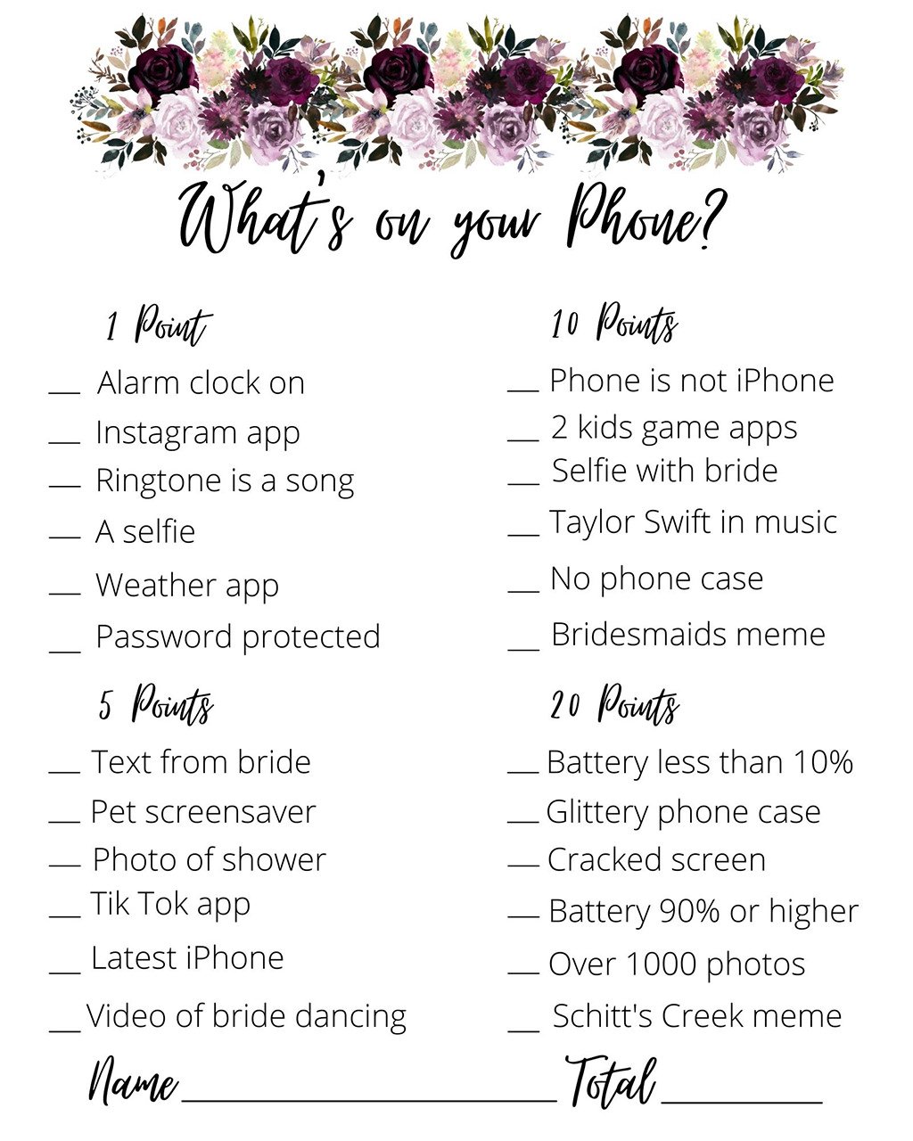 What's on Your Phone Bridal Shower Game (Free Printable)