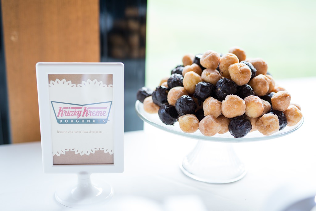 A simple wedding dessert display of Krispy Kreme Doughnuts
