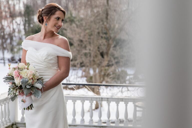 A bride looking over her shoulder