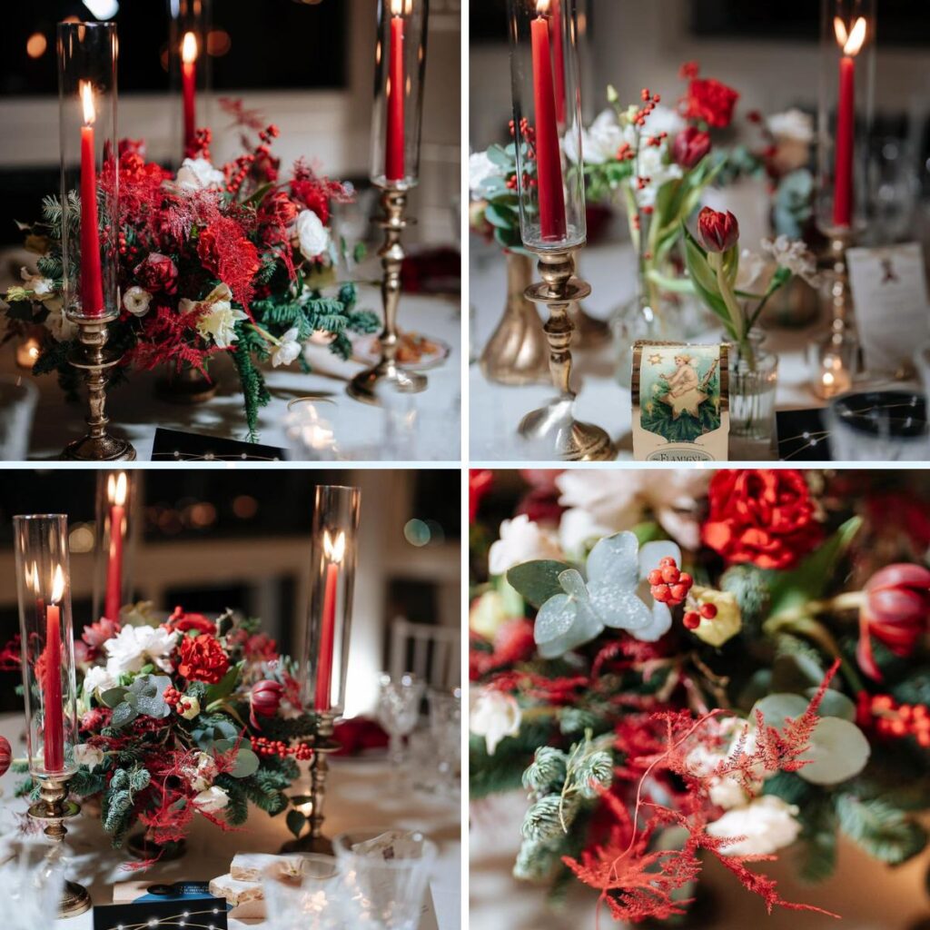 Christmas-themed wedding centerpieces with flowers and candles