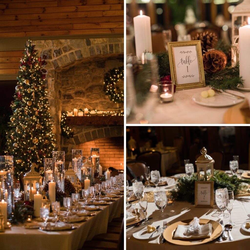 Beautiful Christmas-themed wedding reception decor with trees, lights, and candles