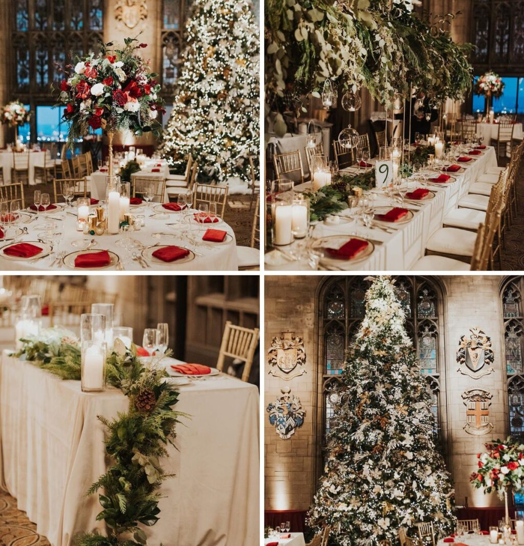 A Christmas winter wedding with tall decorated trees, centerpieces with red and white flowers, and red napkins
