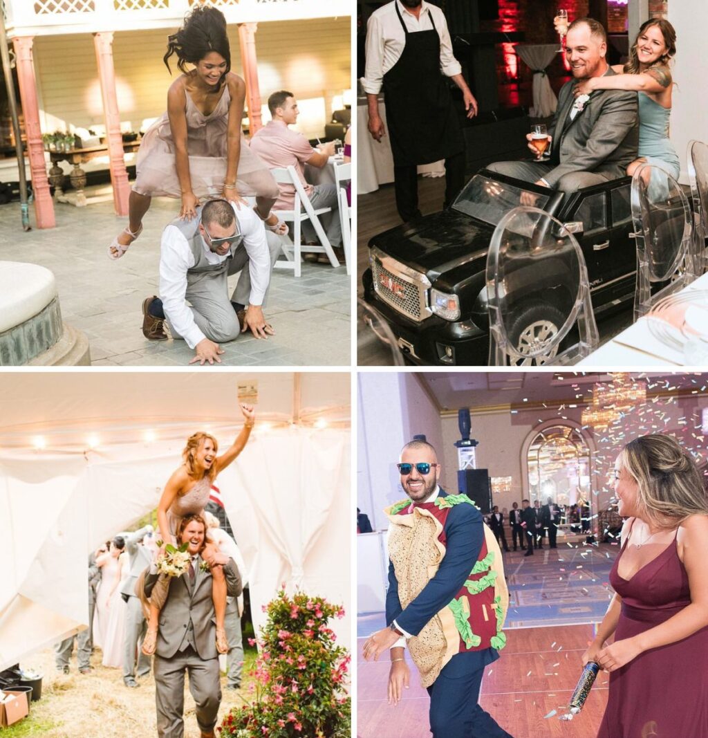 A photo collage showing bridal party members entering the wedding reception. This is for the article called funny wedding party entrance ideas