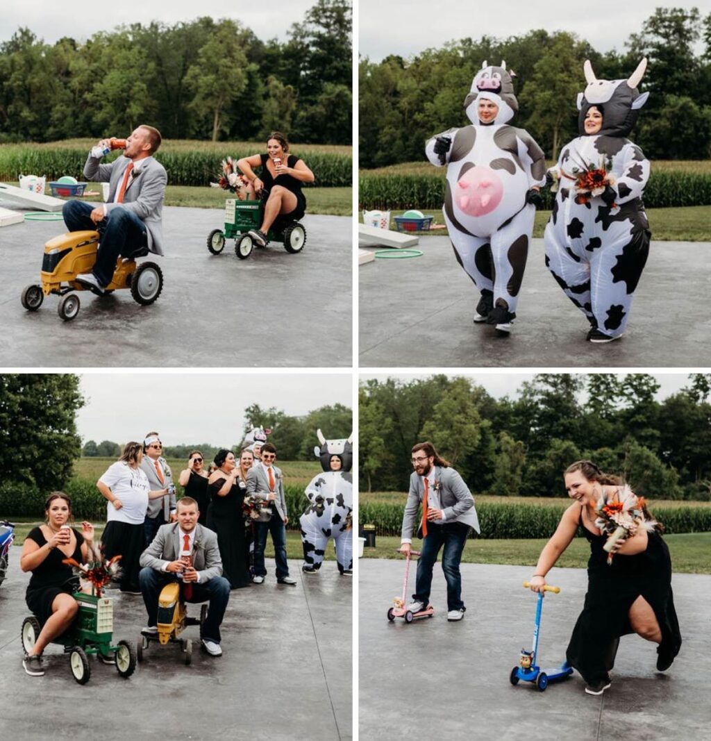 funny wedding party entrance ideas for a wedding. This photo collage shows the bridal party wearing blow up cow costumes and riding mini tractors