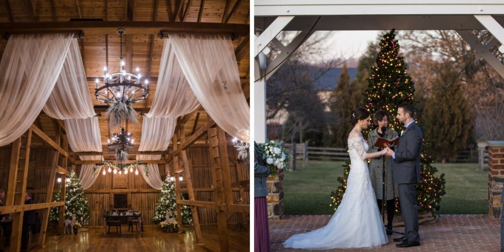 A wedding ceremony with a Christmas tree in the background