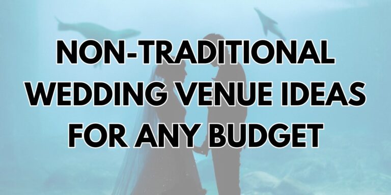 the cover image for the blog post called non-traditional wedding venue ideas. The faded photo in the background shows a bride and groom getting married at an aquarium with seals in the background