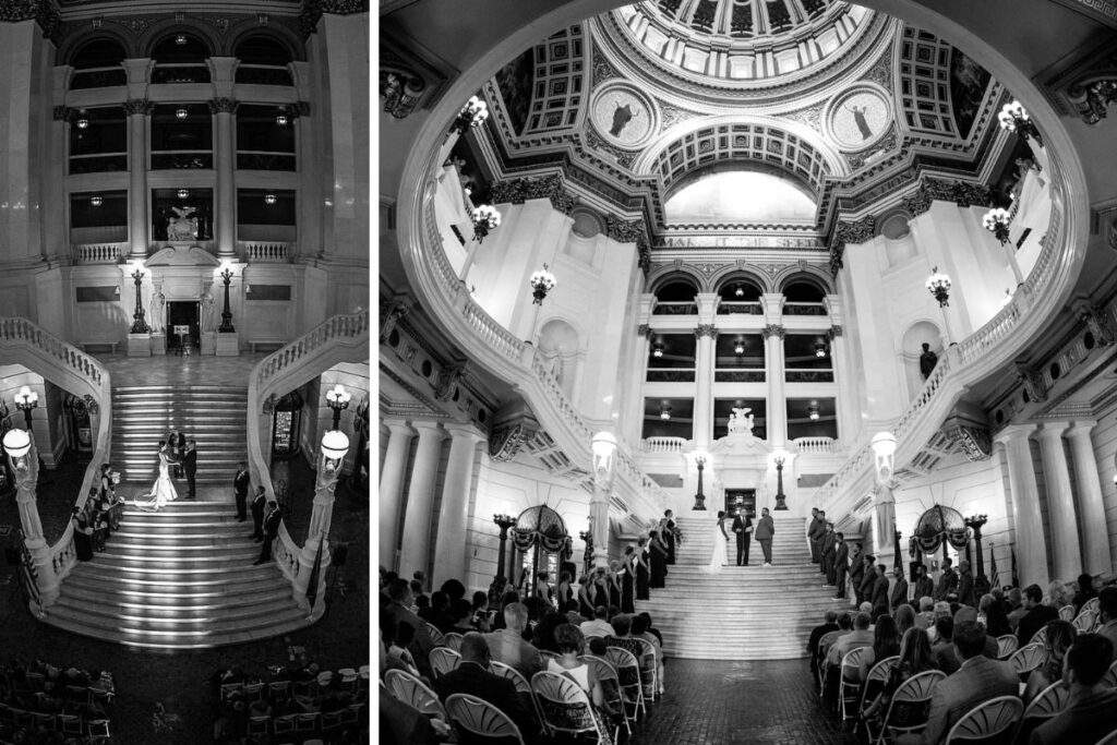 A wedding ceremony taking place inside the PA State Capitol Building. This is for the article called non-traditional wedding venue ideas