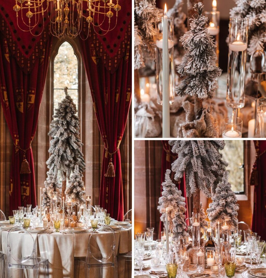 A winter wedding reception with small evergreen trees as the centerpieces
