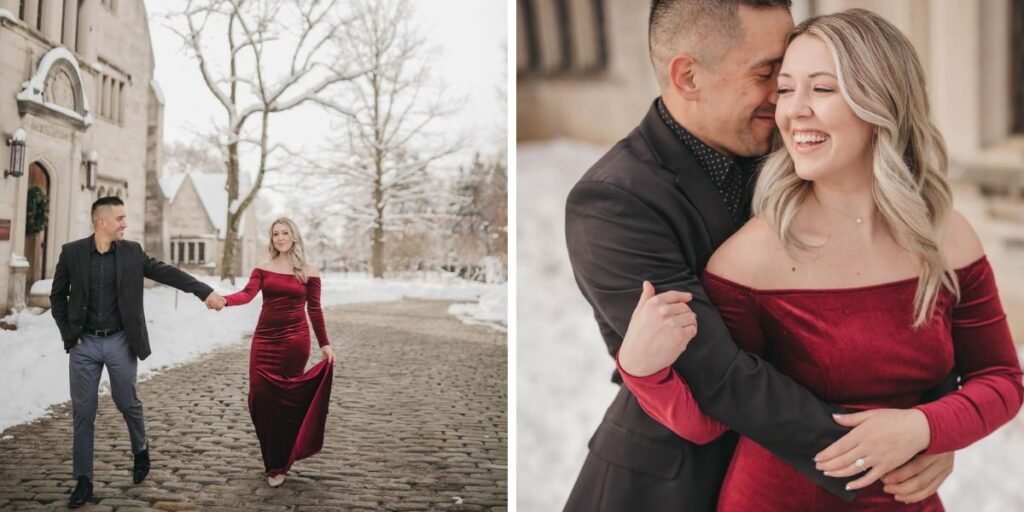 A couples posing for photos in a suit and red dress