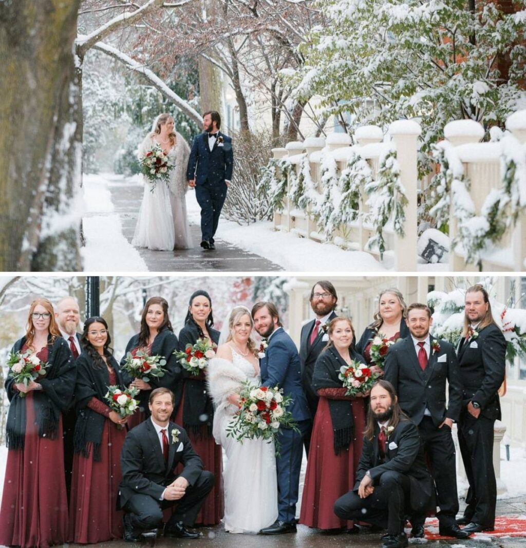 A wedding party and a bride and groom posing for photos in the snow.