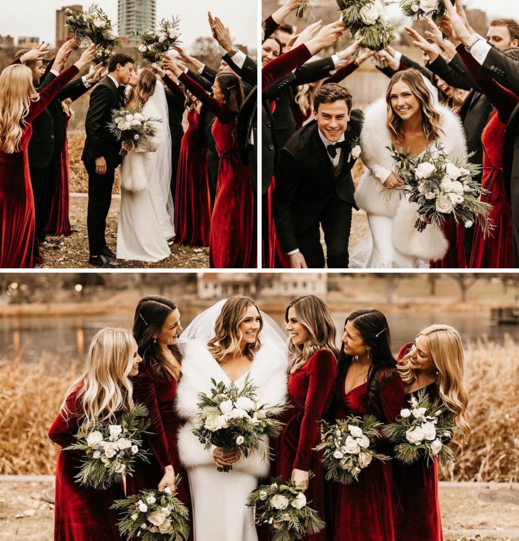 A bride and bridesmaids in red velvet bridesmaid dresses posing at a winter wedding. They are wearing faux fur wraps.