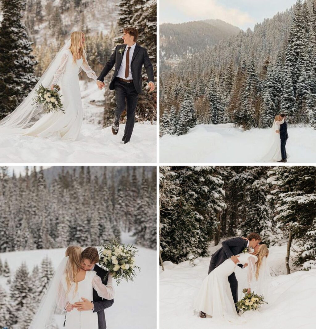 A bride and groom walking through lots of snow and posing with snow covered trees in the background