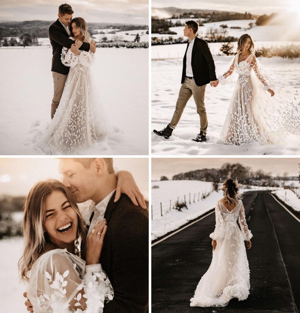 A photo collage of a wedding couple posing for photos in the snow. 