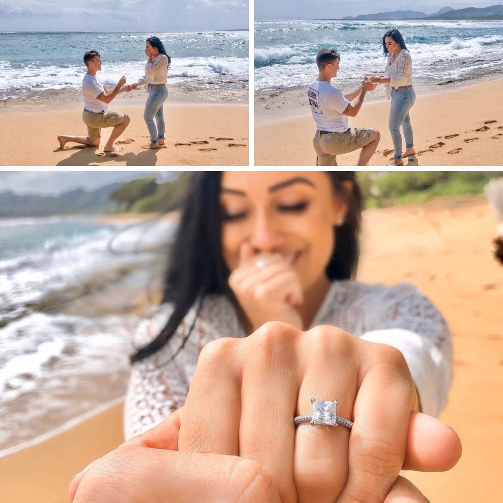 A man proposing to a woman on the beach and then the woman is showing off her new engagement ring