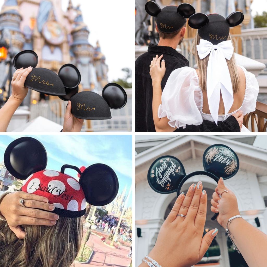 A photo collage showing couples who are using Mickey ear hats to show of their engagement. 