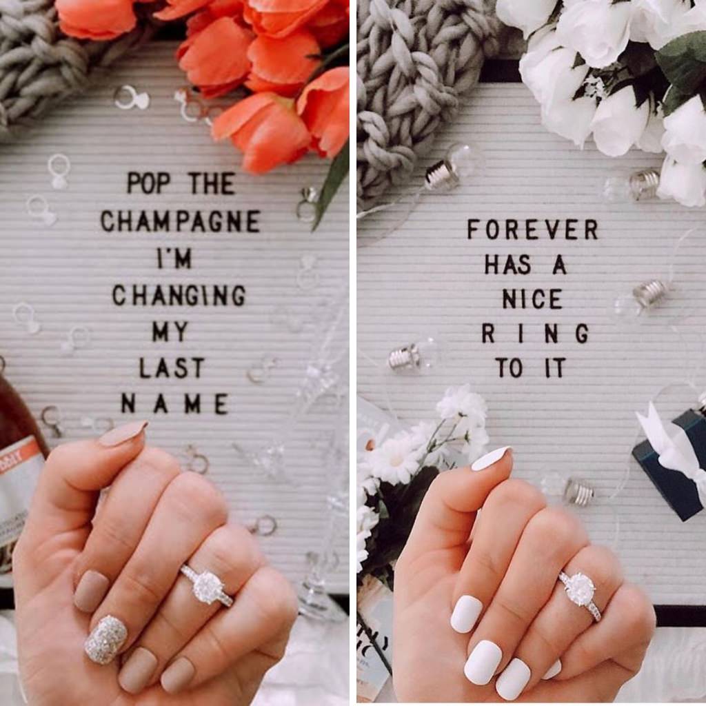 Cute letter signs that give fun engagement quotes with a hand in the foreground showing off an engagement ring
