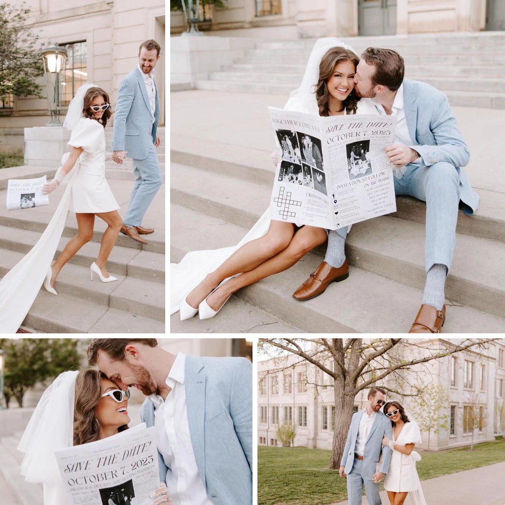 A bride and groom using a newspaper engagement announcement to tell the world they are engaged
