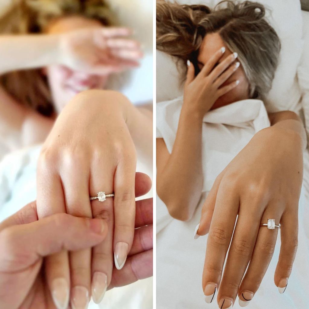 Two close up photos of woman holding out their hand to show off their new engagement ring. 