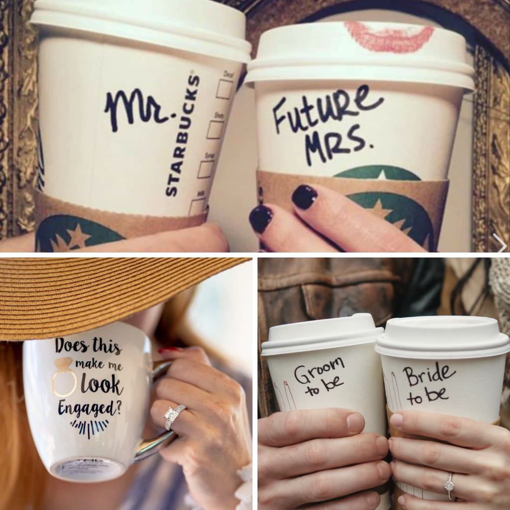 engagement announcement using Starbucks cups as the message. The say Mr and Future Mrs.