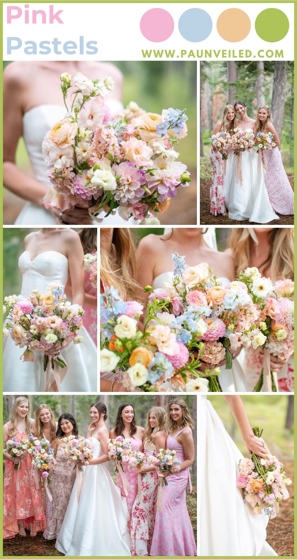 A collage of photos from a spring wedding with lots of pastel colors. This collage is meant to show off the spring color palette. There are a variety of photos of bridesmaids with pink dresses holding bouquets with pink, yellow, blue, and purple flowers.
