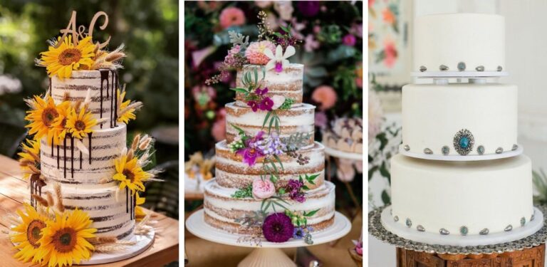 The cover image for the blog post called rustic wedding cake ideas. This is 3 separate cakes with a rustic-theme