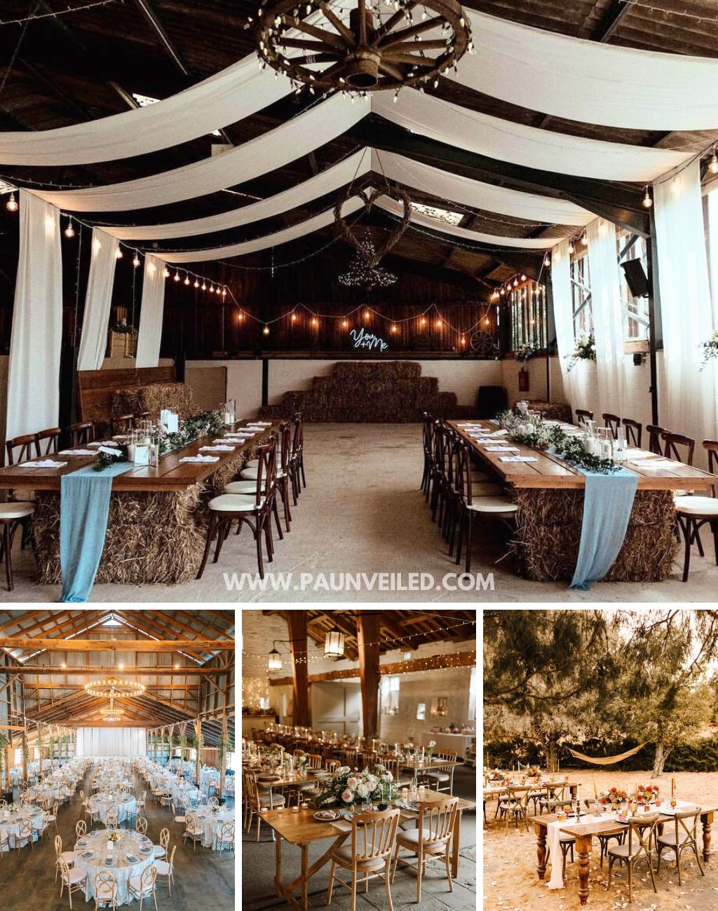 A few different photos showing wedding reception decor with a rustic theme