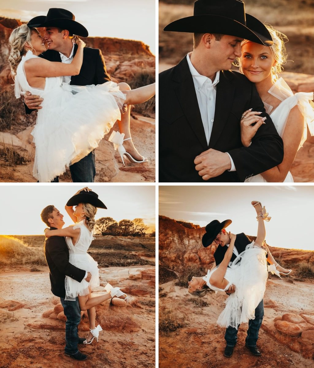 A fun cowboy and cowgirl couple posing at their outdoor wedding in cowboy hats