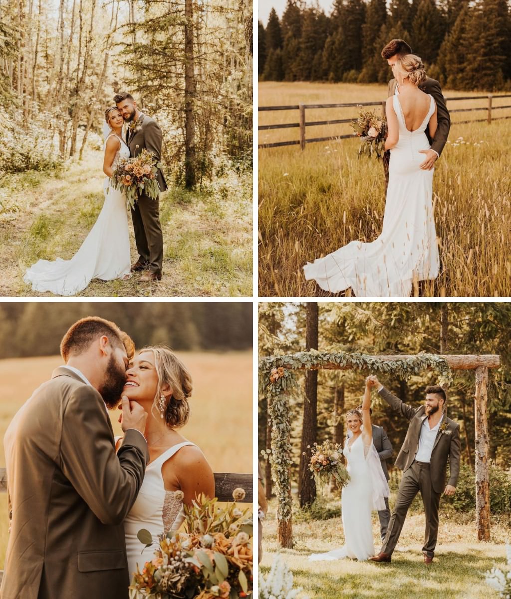 A bride and groom posing outdoor