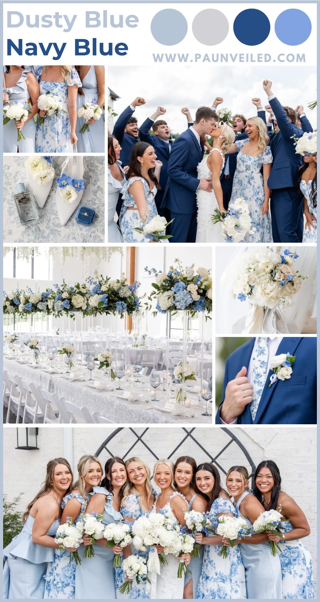 A photo collage of spring wedding photos with a dusty blue and navy blue color scheme. There are a variety of photos of bridesmaids wearing dusty blue dresses and groomsmen wearing navy blue suits. Plus lots of details with blue hues