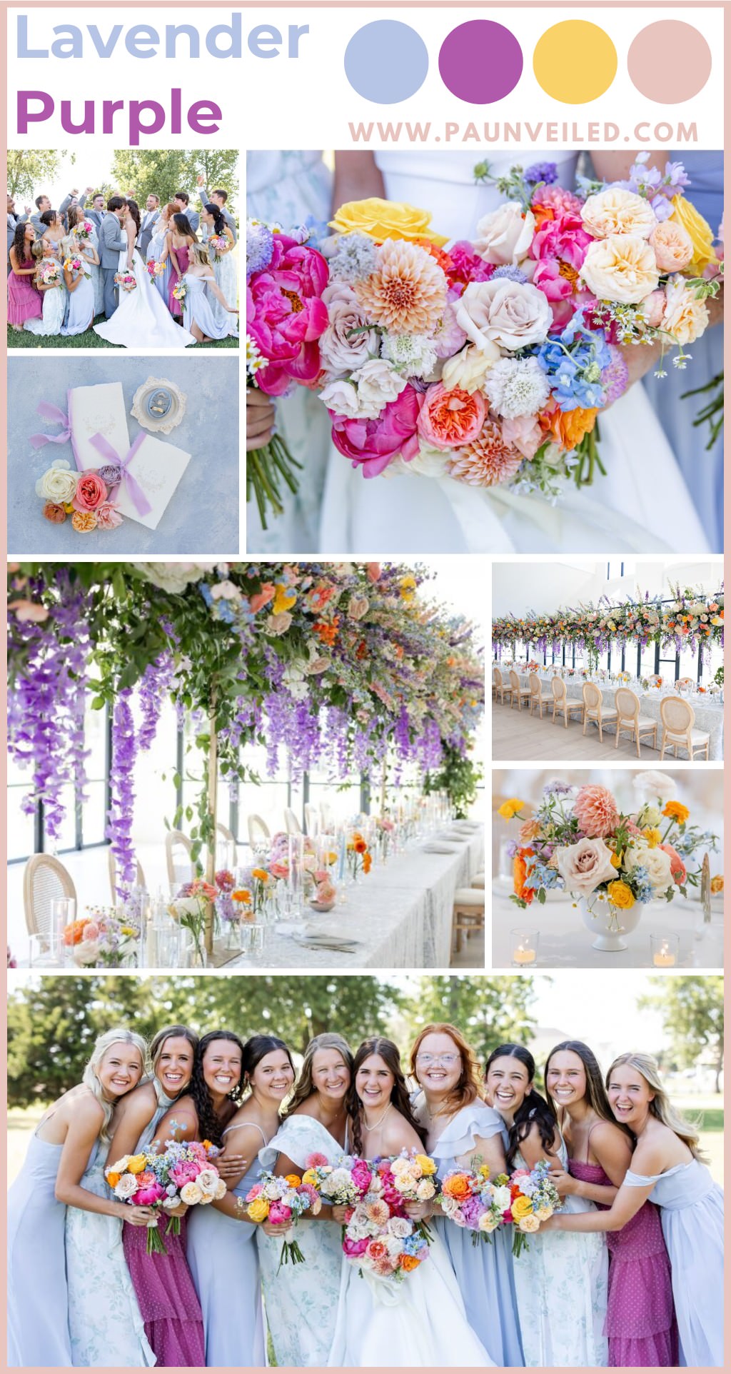A wedding photo collage that shows off wedding details with a lavender, yellow, and purple color scheme. There is one photo of a bride and bridesmaids wearing different dresses in the lavender and purple palette and then lots of wedding details with lavender and pink tones.
