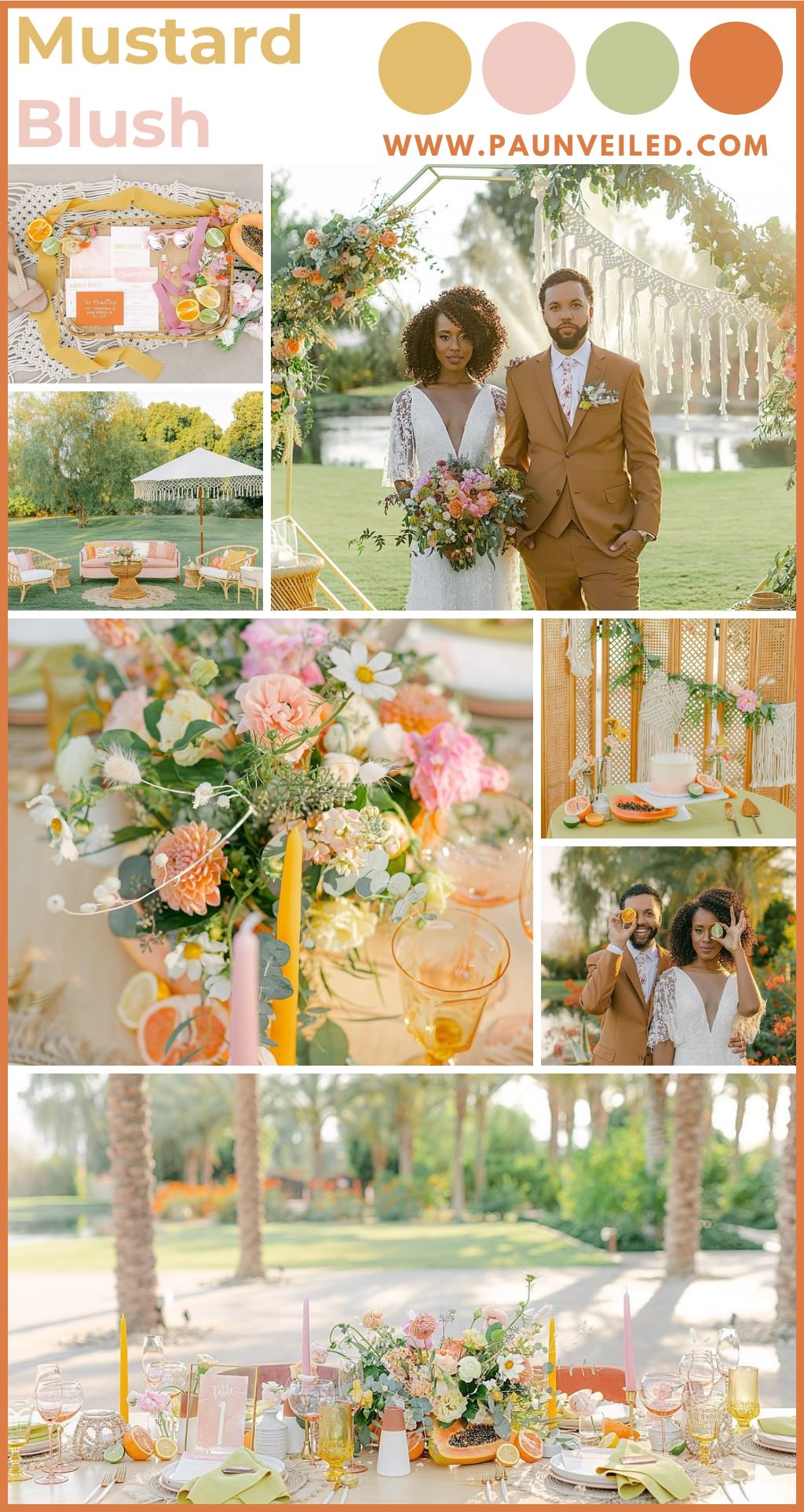 A photo collage of spring wedding photos with a citrus theme. There is a photo of the bride and groom and then lots of smaller photos of wedding details like flowers and table decorations.