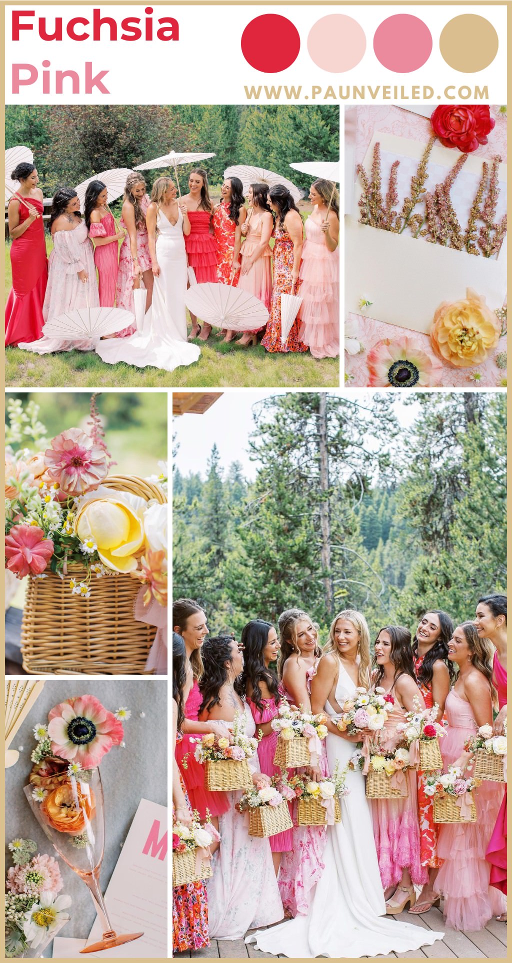 A collage of springtime wedding photos with a pink and fuchsia color palette. It shows bridesmaids in different hues of pink dresses and close up photos of pink and yellow flowers.