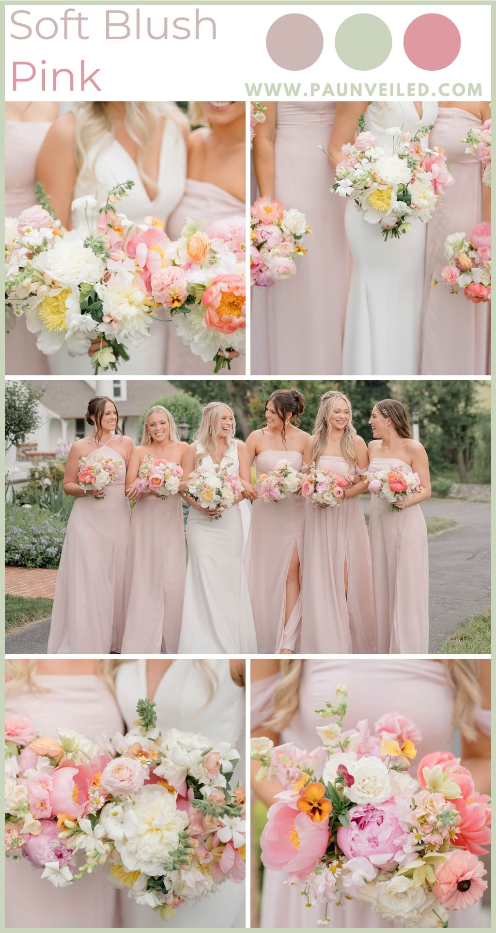A photo collage of spring wedding photos with a light pink palette. It shows the bride and bridesmaids who are wearing blush pink dresses and lots of pretty wedding flowers with the same hues.