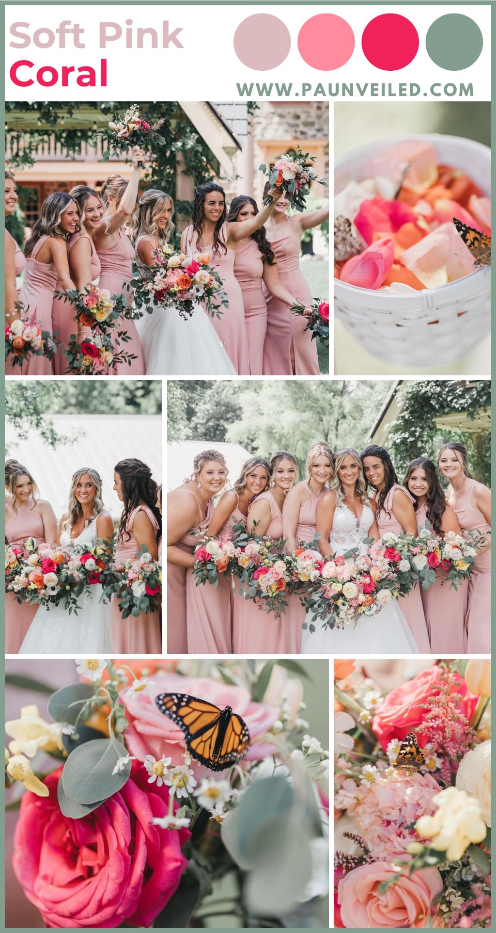 A wedding photo collage that shows a variety of spring wedding pictures with a soft pink and coral color palette. There are a variety of photos of bridesmaids with flowers and close ups of bright colored flowers.