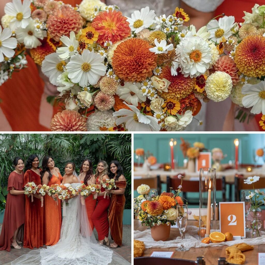 a photo collage of wedding photos that feature an orange color palette. One is the bride and bridesmaids in orange dresses and the other two are detail decor photos with flowers and centerpices