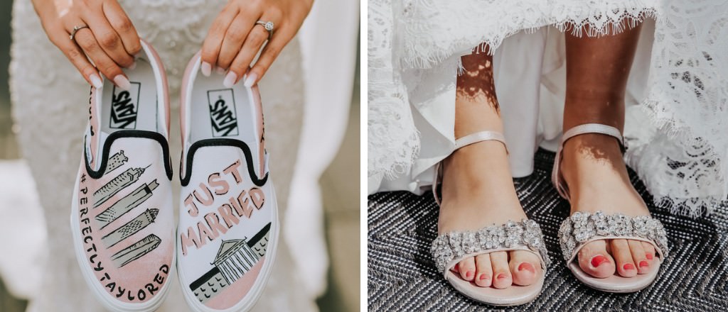 Close up photos of flat comfy shoes for the bride