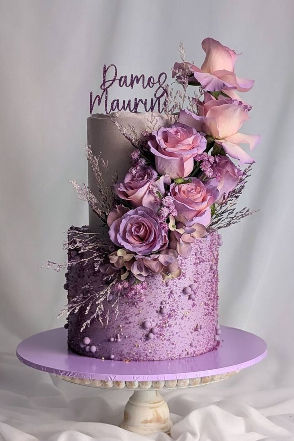 A lavender purple wedding cake with two tiers