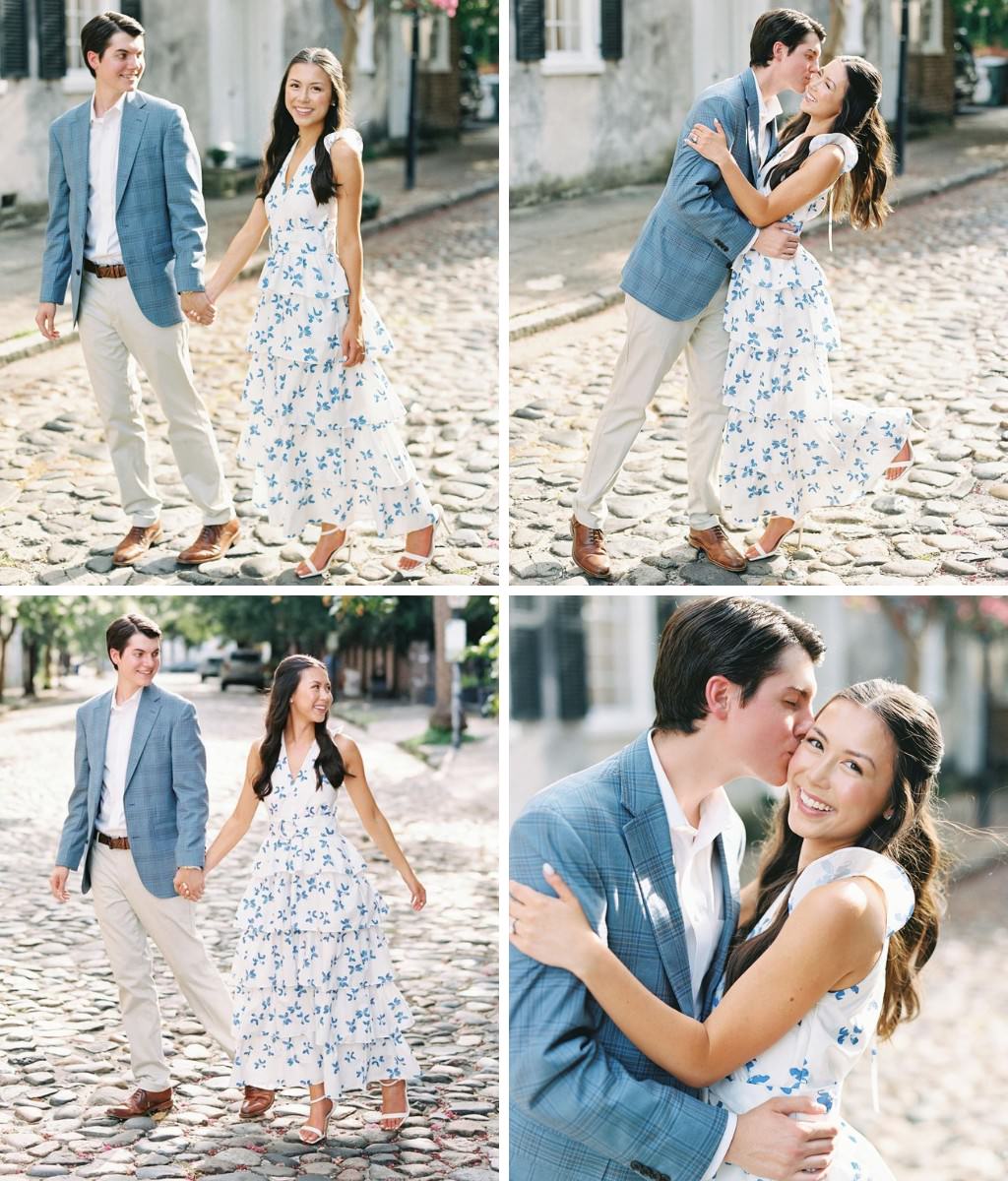 A couple posing outside. She is wearing blue floral dress and he is wearing a blue sport coat