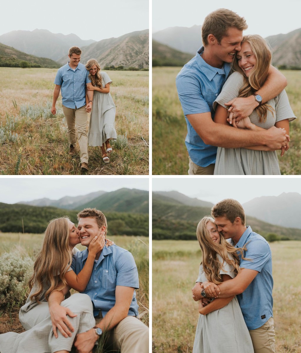 A photo collage showing four photos of engagement photo poses. The couple is hugging and playing around in all of them.
