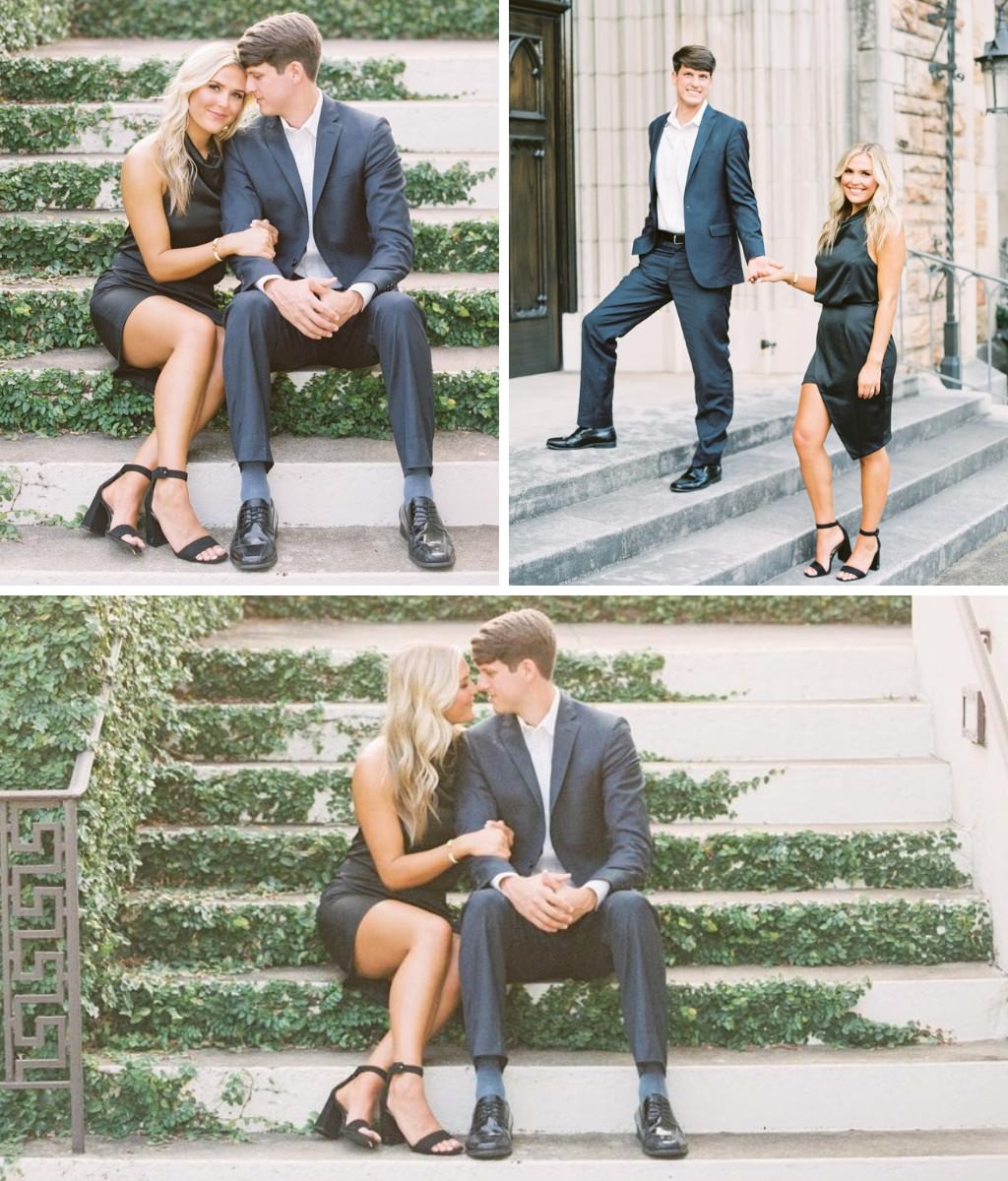 A couple posing for engagement photos in nice outfits. He is wearing a suit and she is wearing a black dress and black heels