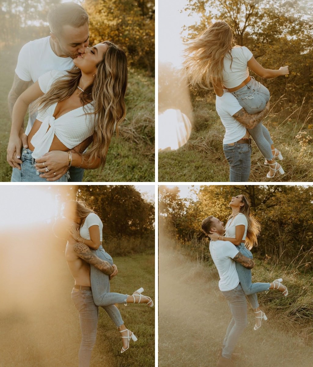 A lifestyle engagement photoshoot that shows a variety of poses. The man is picking the woman up over his shoulder and they are laughing and cuddling. 