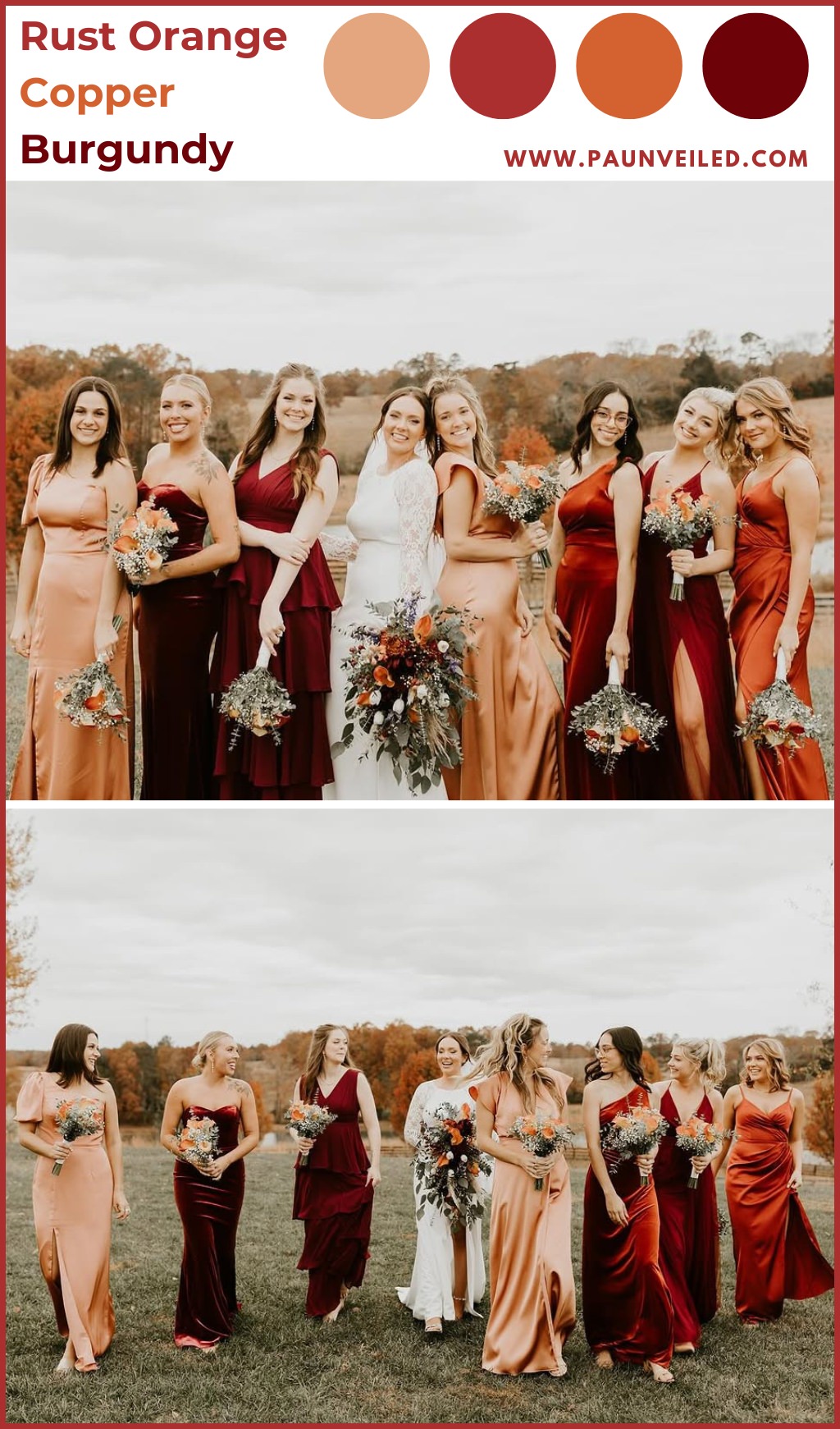 A fall wedding with the bride and bridesmaids posing together outdoors.