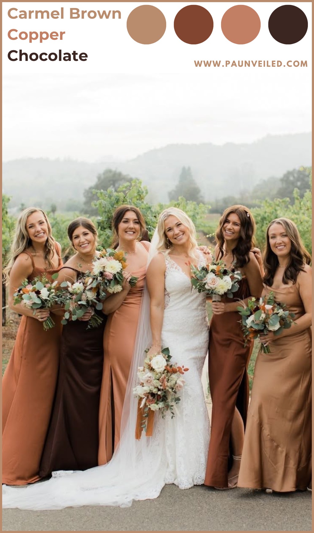 A bride and bridesmaids posing. The girls are wearing fall colored bridesmaid dresses in caramel, copper, and chocolate tones