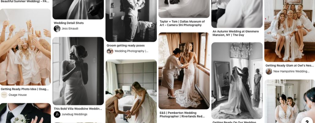 A photo collage that shows different pins and pinterest boards for wedding planning