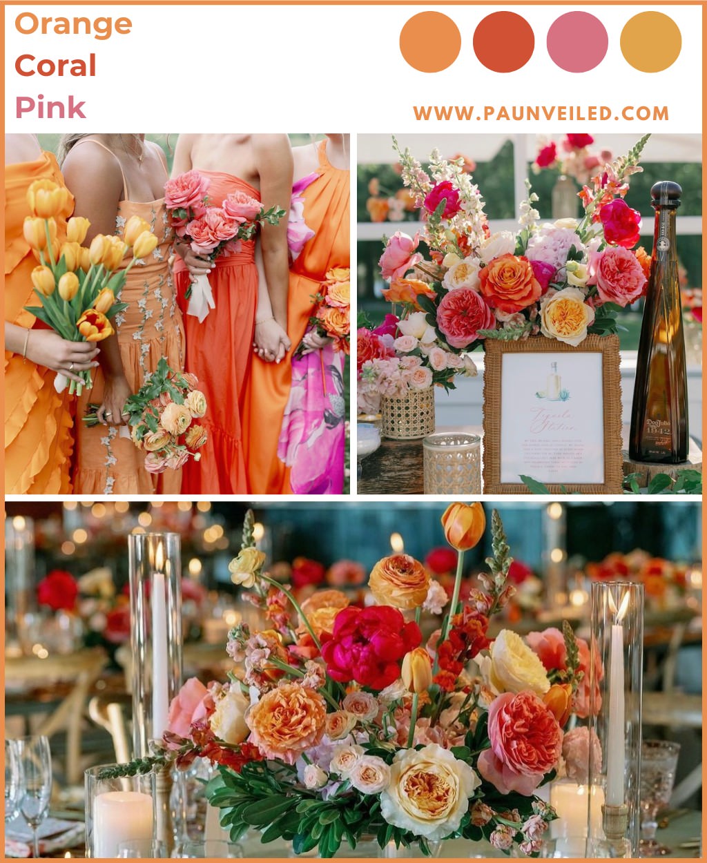 A sunset wedding color palette with orange and coral bridesmaid dresses and flowers