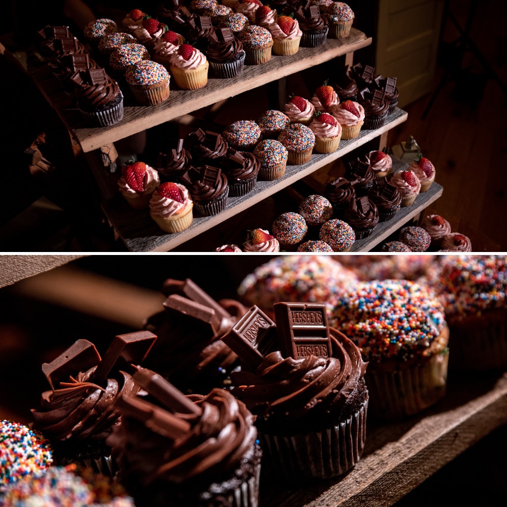 Cupcakes on a cupcake tower display at a wedding reception