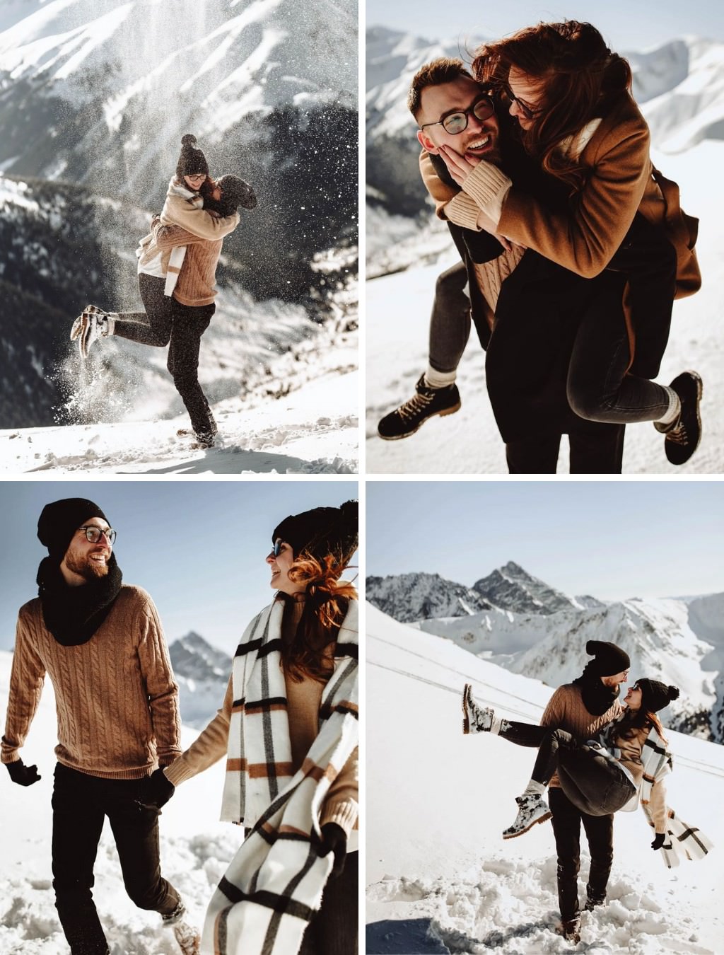 A couples playing in the snow for their engagement session