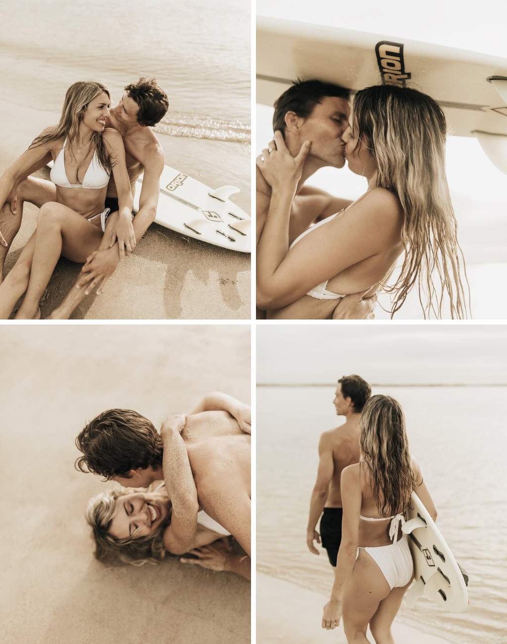 A couple posing for engagement photos at the beach in swimsuits and a surfboard 