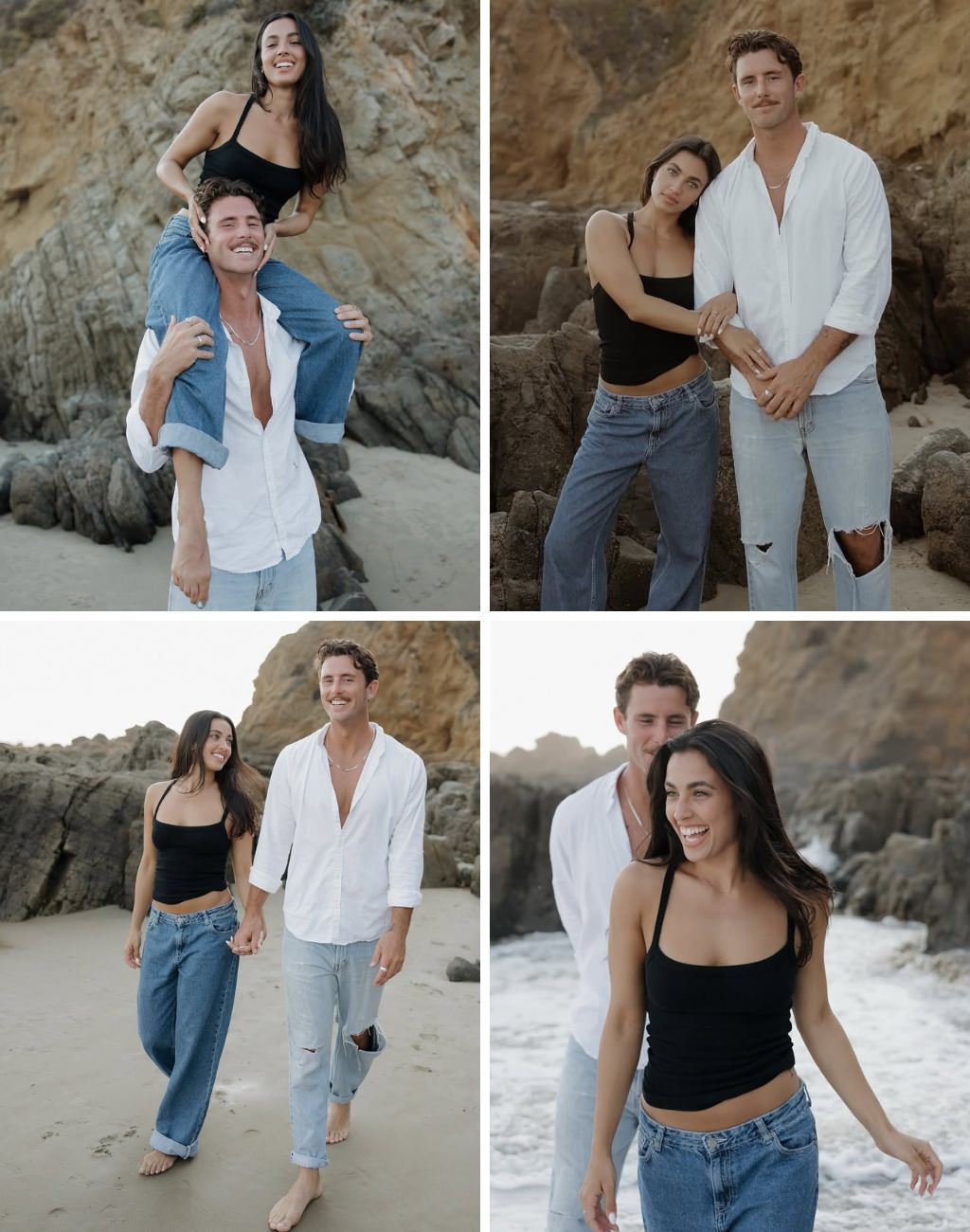 A couple posing for engagement photos at the beach in jeans and barefoot