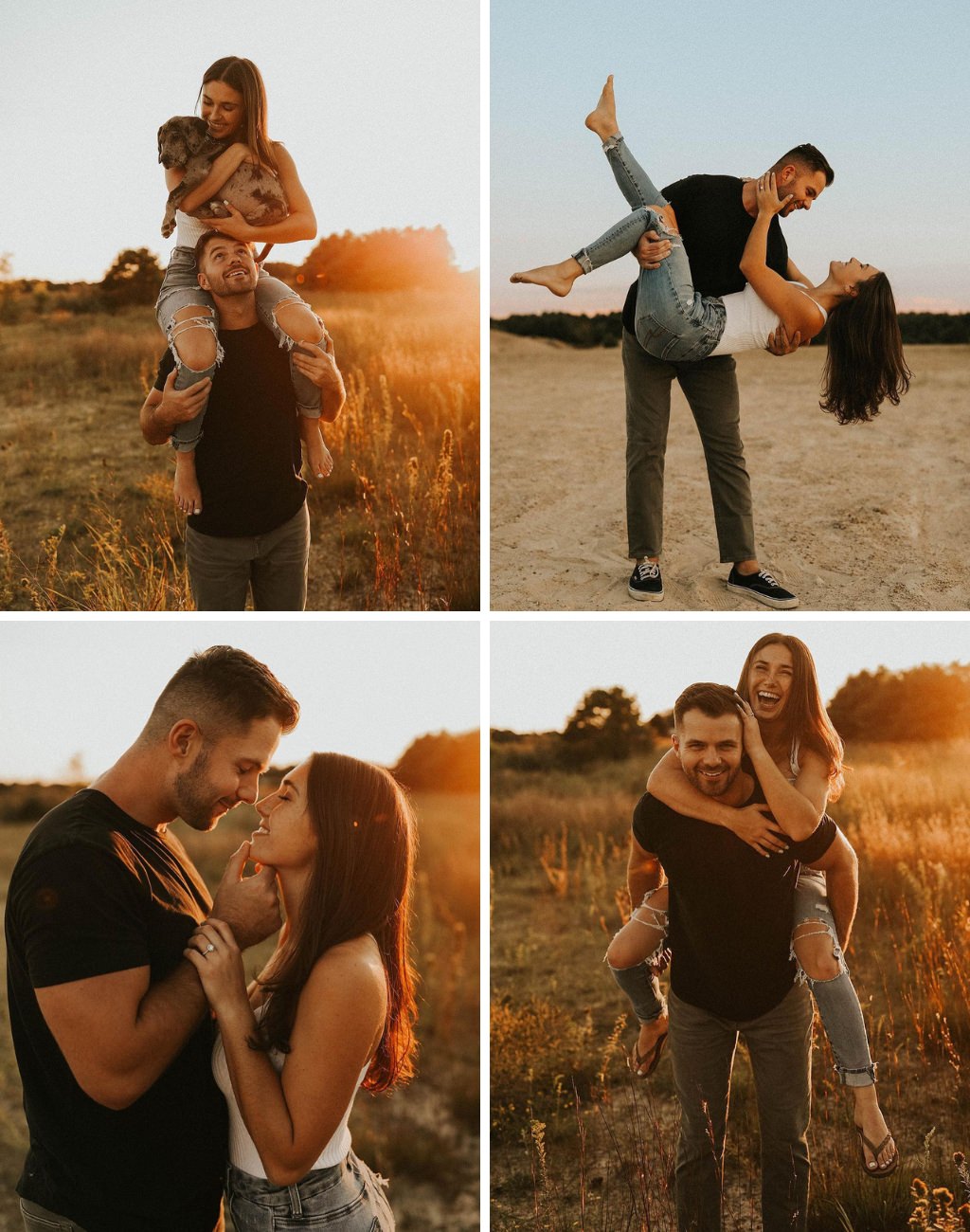 Engagement photos in jeans and barefoot. A couple posing outdoors at sunset